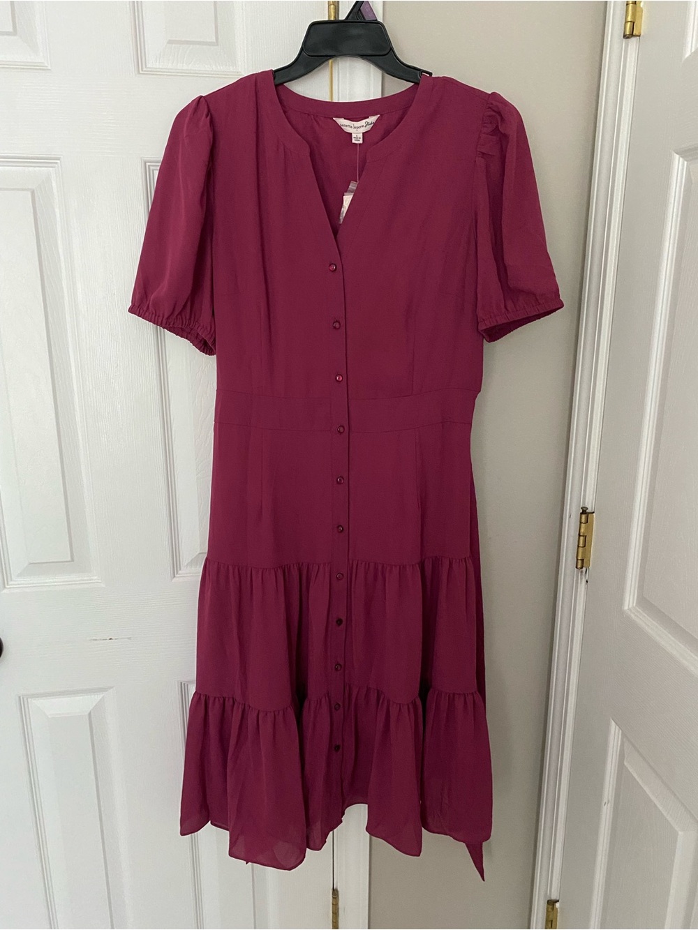 Nanette Lepore Magenta Tiered Button-Down Midi Dress